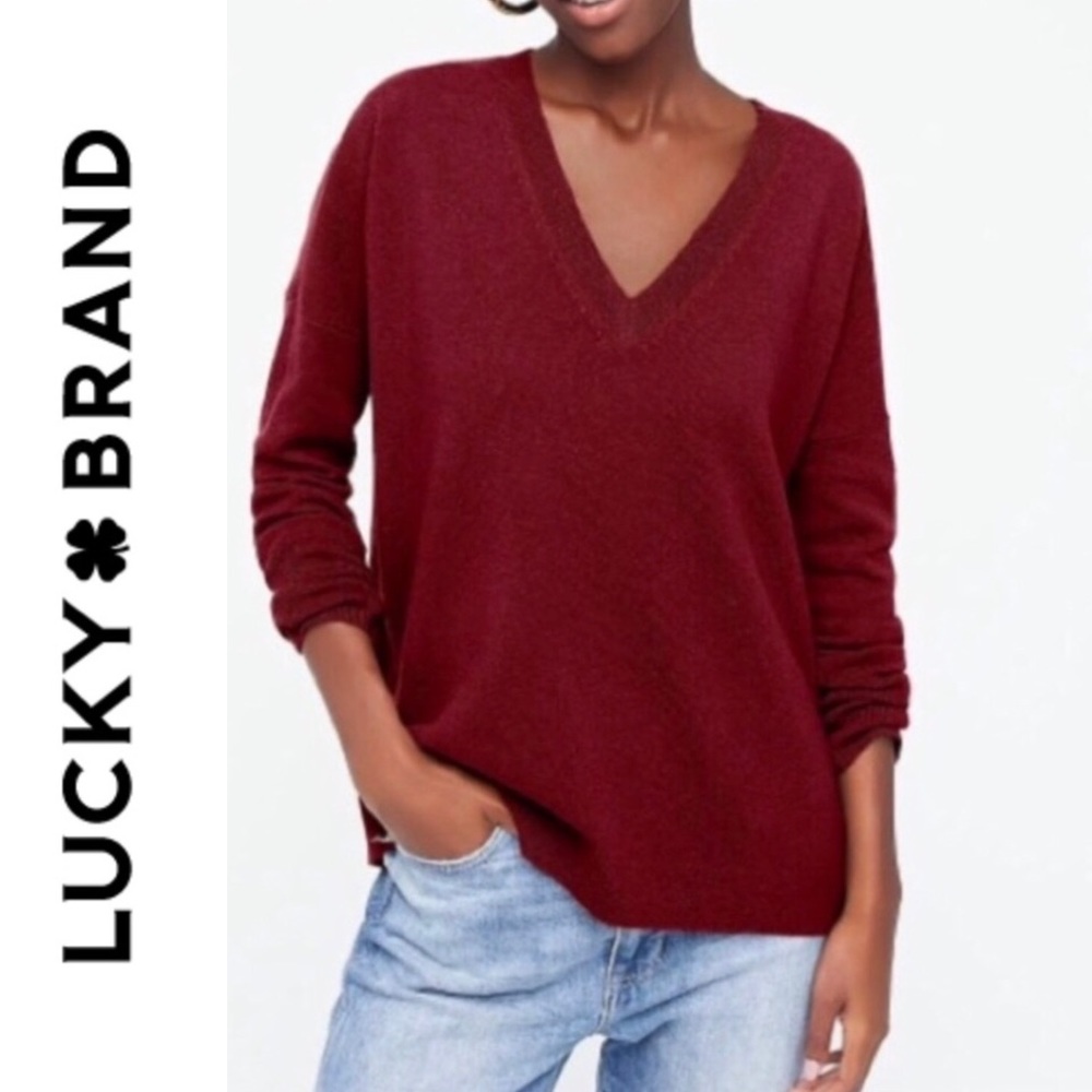 Lucky Brand Burgundy V Neck Long Sleeve Sweater Wine Red NWT